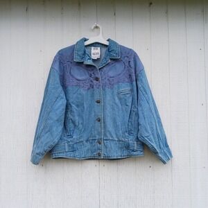 Vintage Together 80's Blue Lace Accent Bomber Jean Jacket Womens Size Large